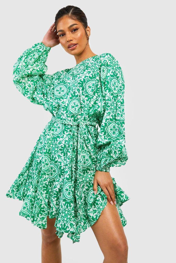 Womens Cotton Printed Godet Detail Belted Skater Dress - Green - 10, Green