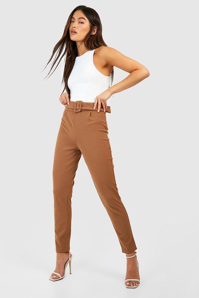 Womens High Waisted Buckle Belted Tapered Trousers - Beige - 6, Beige