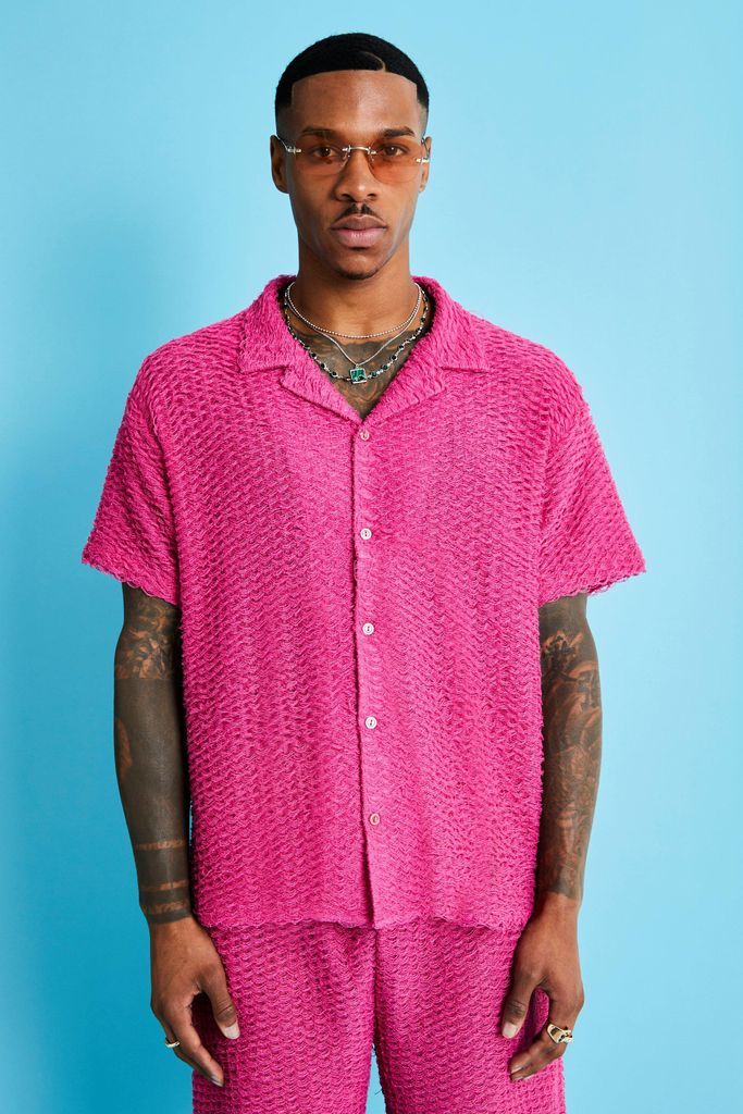 Men's Boxy Fit Textured Fringe Shirt - Pink - L, Pink