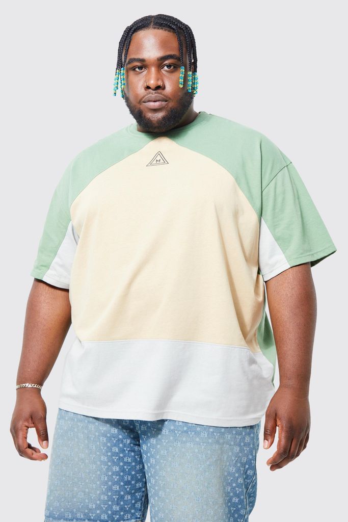 Men's Plus Oversized Branded Colour Block T-Shirt - Green - Xxxl, Green