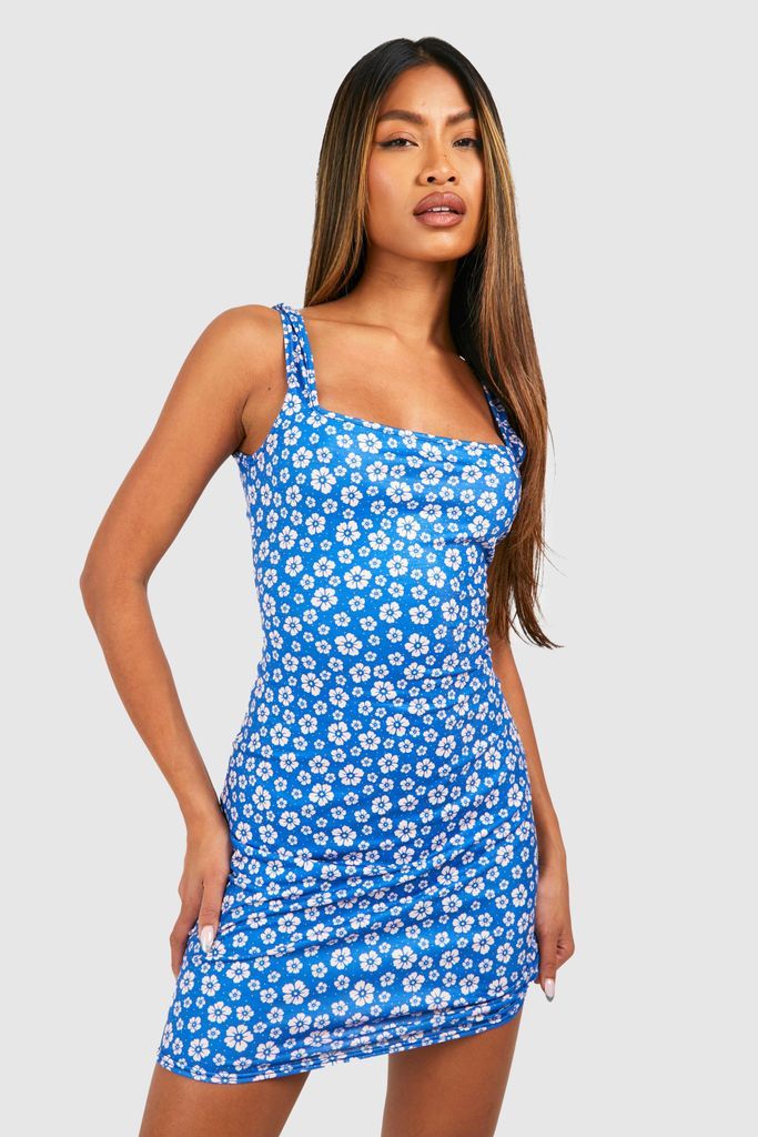 Womens Ditsy Floral Square Neck Bodycon Mini Dress - Blue - 6, Blue