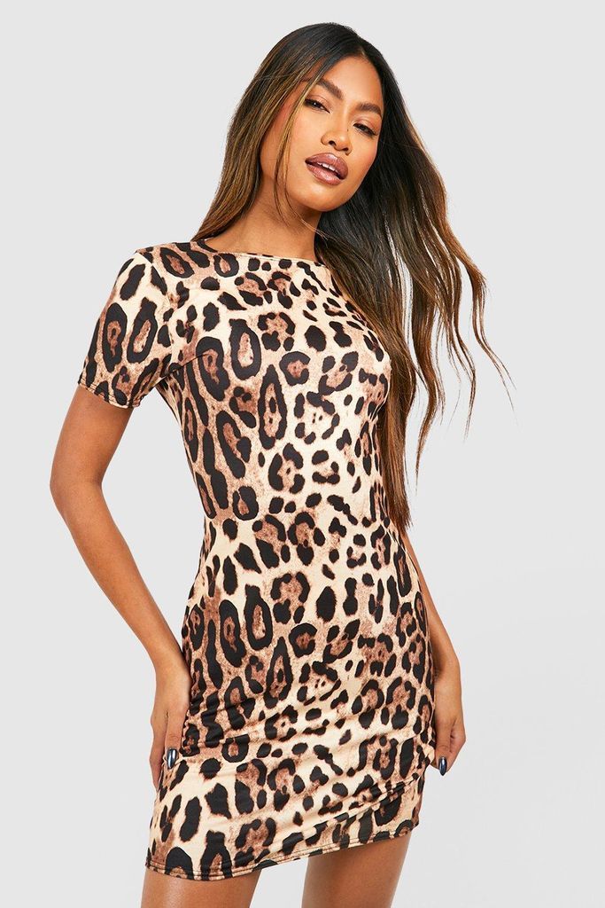 Womens Leopard Print Cap Sleeve Mini Dress - Brown - 6, Brown