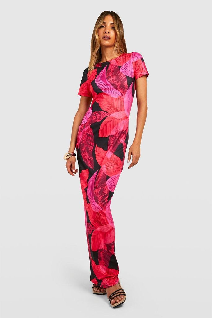 Womens Palm Print Short Sleeve Maxi Dress - Pink - 8, Pink