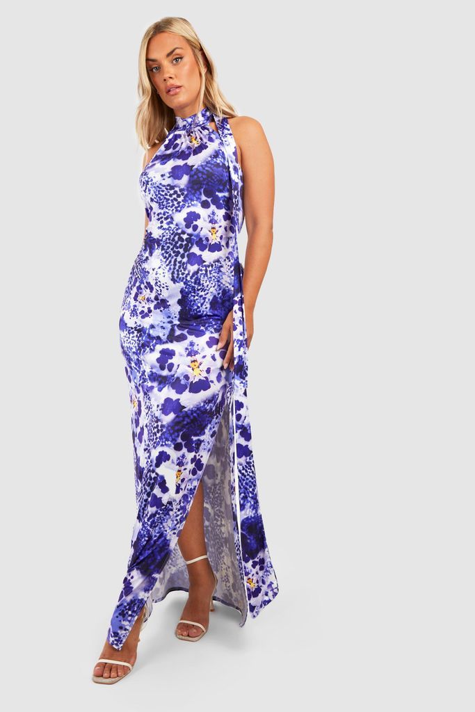 Womens Plus Floral Slinky Halterneck Drape Detail Midaxi Dress - Purple - 16, Purple