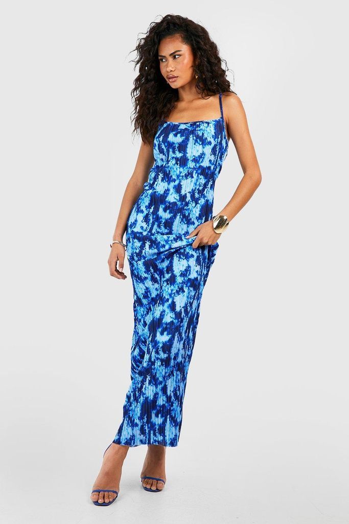 Womens Strappy Marble Print Plisse Maxi Dress - Blue - 16, Blue