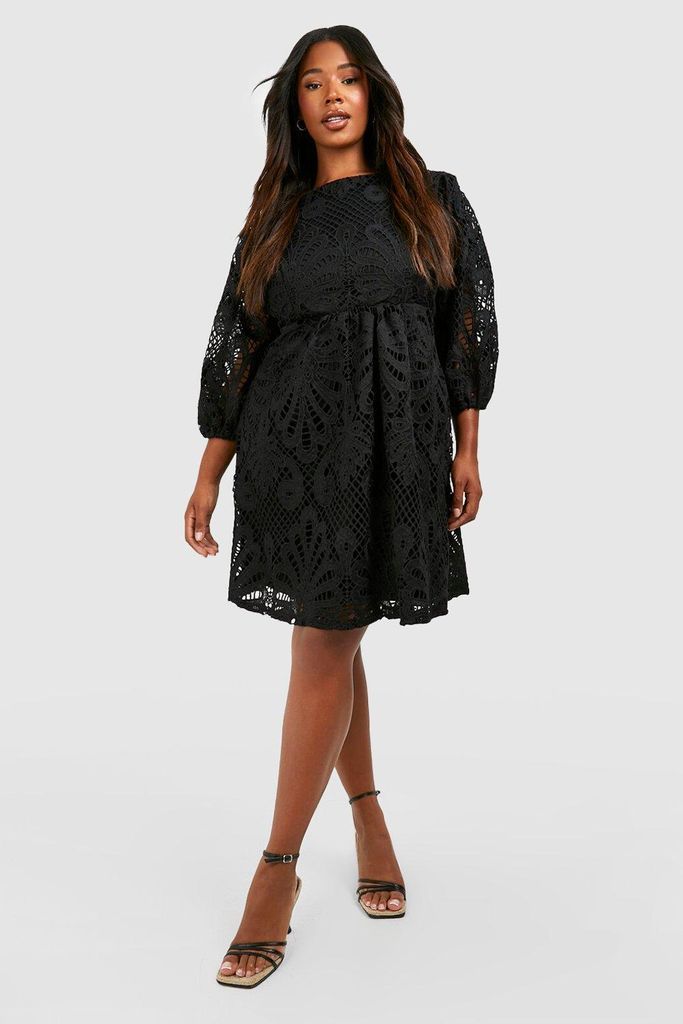 Womens Plus Premium Lace Puff Sleeve Smock Dress - Black - 16, Black