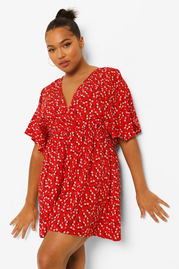 Womens Plus Ditsy Floral Wrap Skater Dress - Red - 16, Red