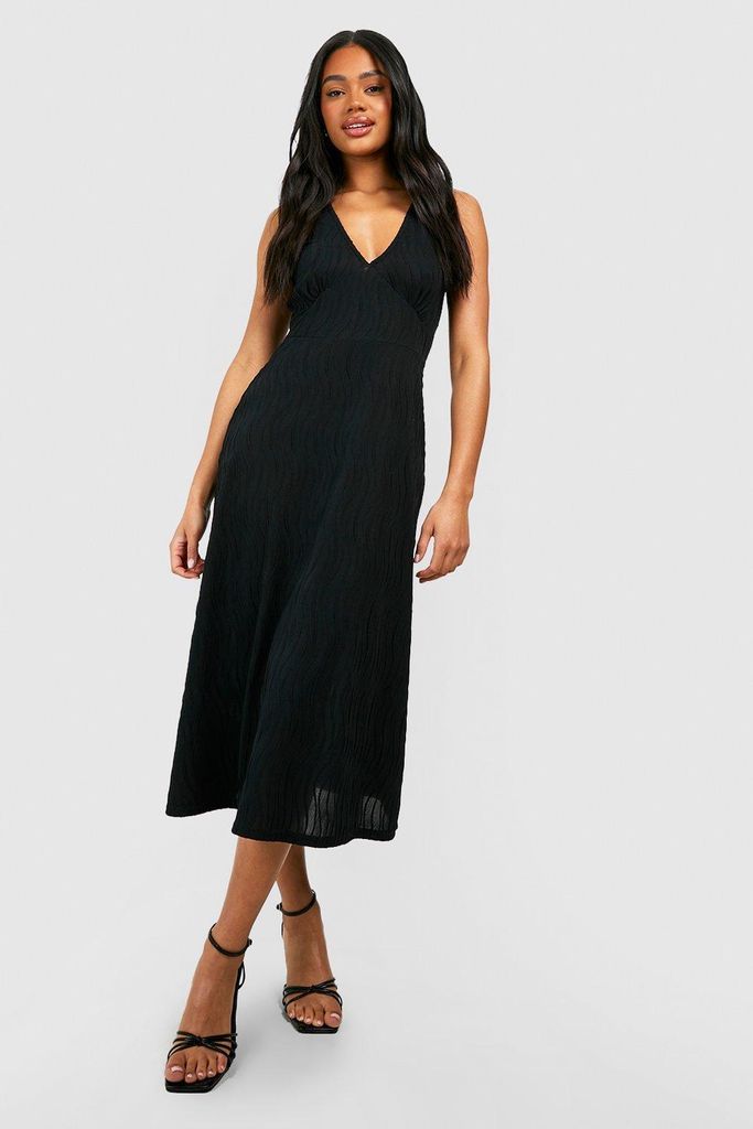 Womens Textured Wave Rib Midi Dress - Black - 10, Black