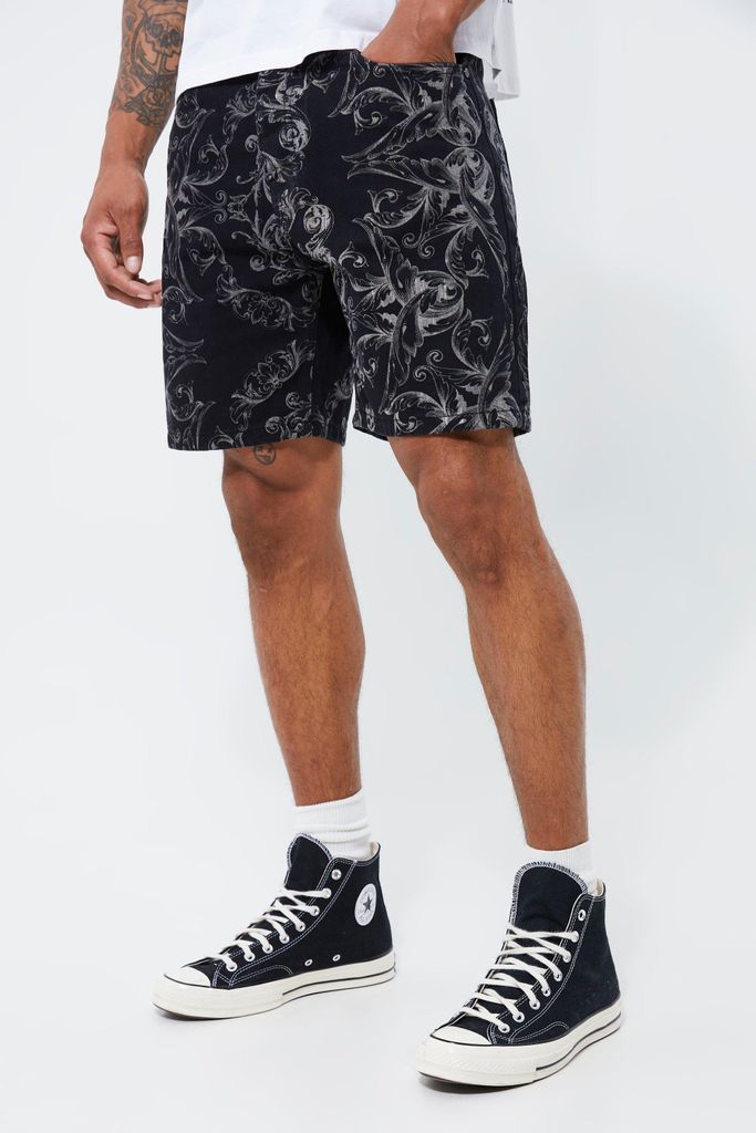 Men's Relaxed Fit Baroque Print Denim Shorts - Black - 28R, Black