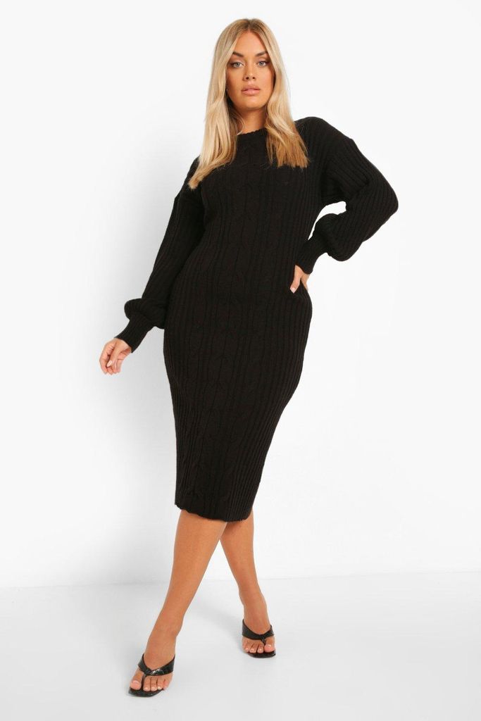 Womens Plus Balloon Sleeve Cable Knit Midi Dress - Black - 28, Black