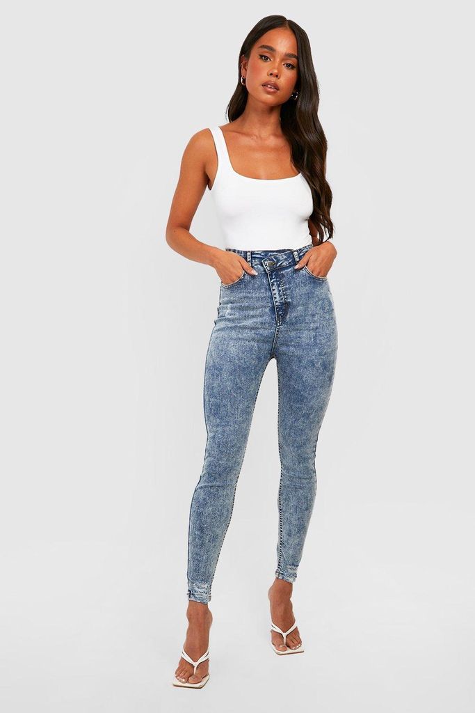 Womens Petite Asymmetric Waist Detail Skinny Jeans - Blue - 6, Blue