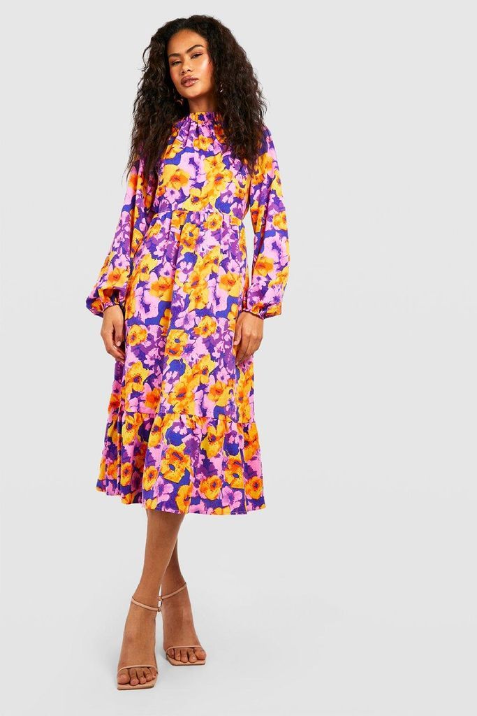 Womens Floral Blouson Midi Smock Dress - Purple - 8, Purple