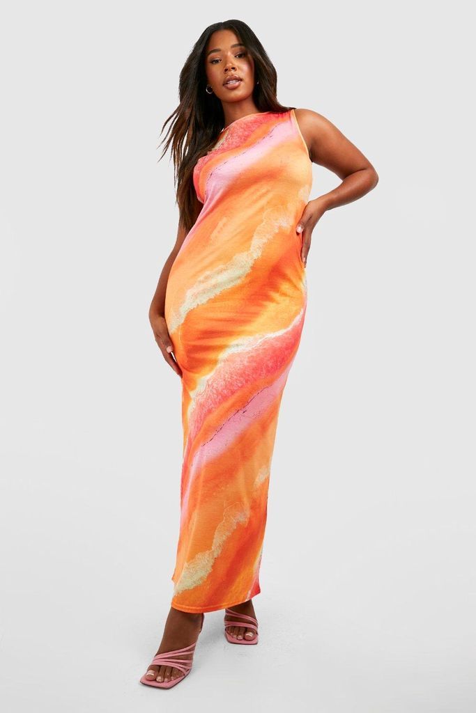 Womens Plus Abstract Racer Neck Jersey Maxi Dress - Orange - 16, Orange