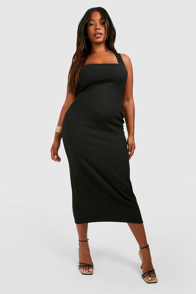 Womens Plus Crinkle Rib Square Neck Midaxi Dress - Black - 16, Black