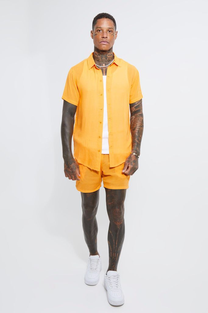Men's Short Sleeve Cheese Cloth Shirt And Short Set - Orange - L, Orange