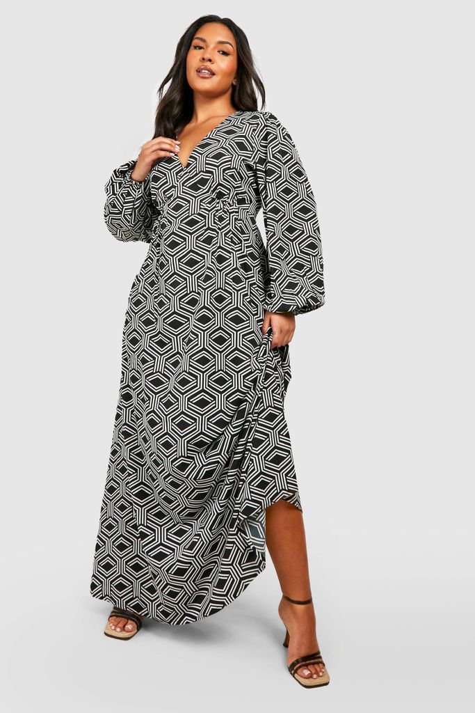Womens Plus Mono Geo Print Maxi Dress - Black - 16, Black
