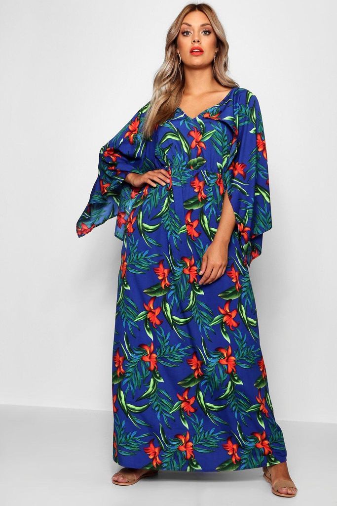 Womens Plus Tropical Kimono Sleeve Maxi Dress - Blue - 22, Blue