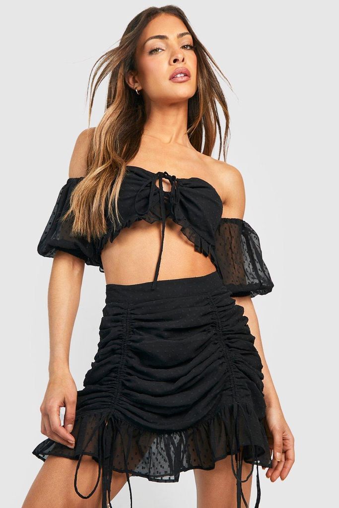 Womens Dobby Mesh Puff Sleeve Crop & Ruched Mini Skirt - Black - 6, Black