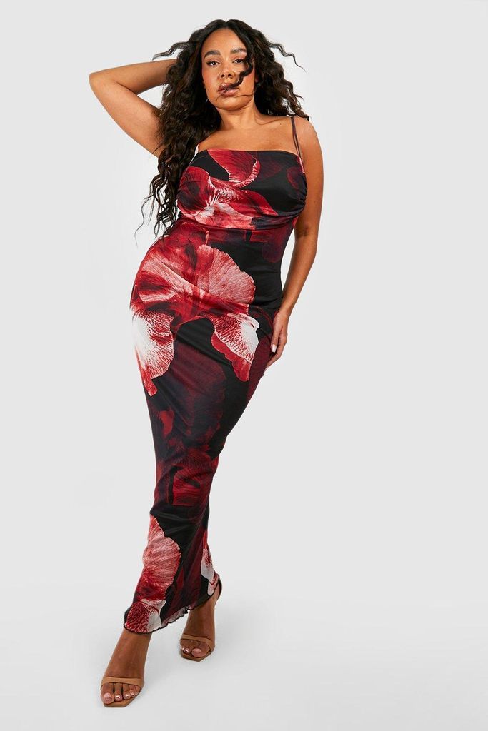 Womens Plus Abstract Floral Print Mesh Maxi Slip Dress - Red - 16, Red