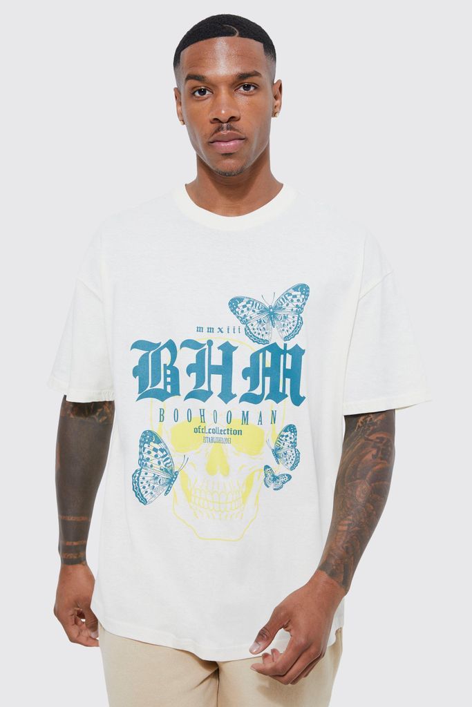 Men's Oversized Butterfly Skull Print T-Shirt - Cream - S, Cream