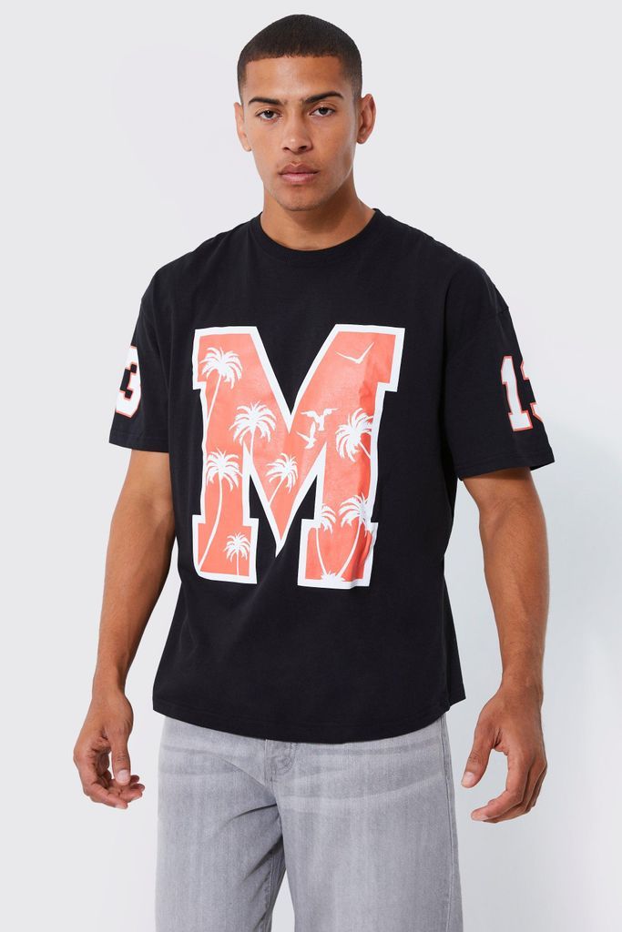 Men's Oversized Varsity M Infill Print T-Shirt - Black - S, Black