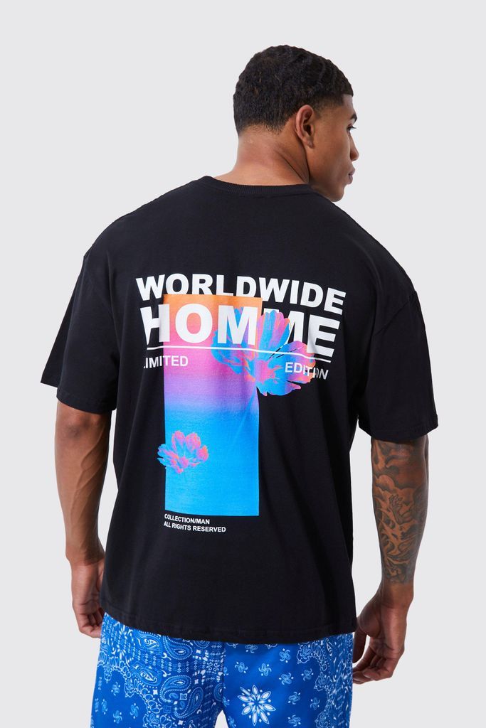 Men's Oversized Worldwide Floral Back Print T-Shirt - Black - S, Black