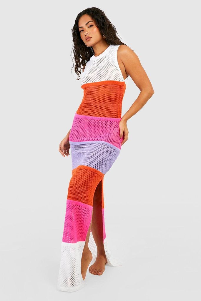 Womens Crochet Knit Colour Block Maxi Beach Dress - Multi - S, Multi