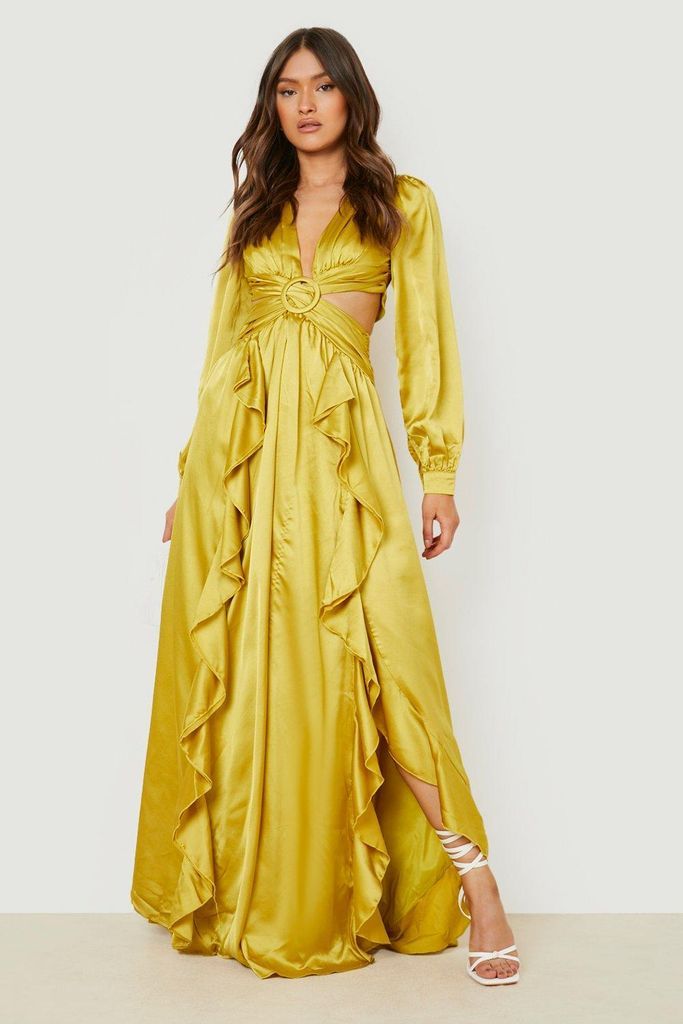 Womens Satin Ruffle Plunge Maxi Dress - Yellow - 8, Yellow