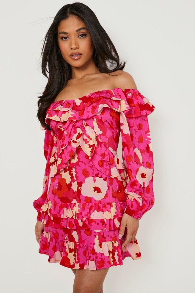 Womens Petite Floral Off Shoulder Ruffle Mini Dress - Pink - 6, Pink