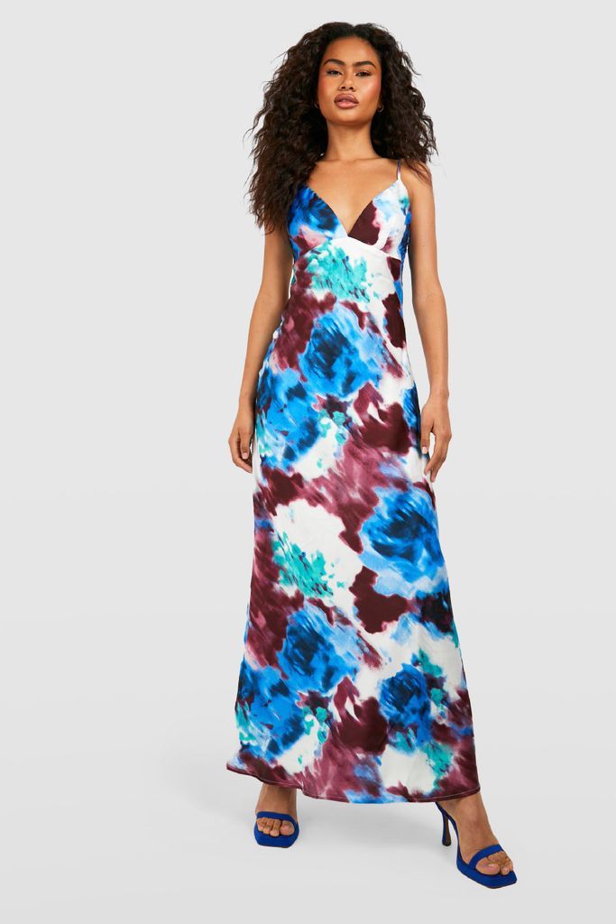 Womens Satin Abstract Maxi Slip Dress - Blue - 8, Blue