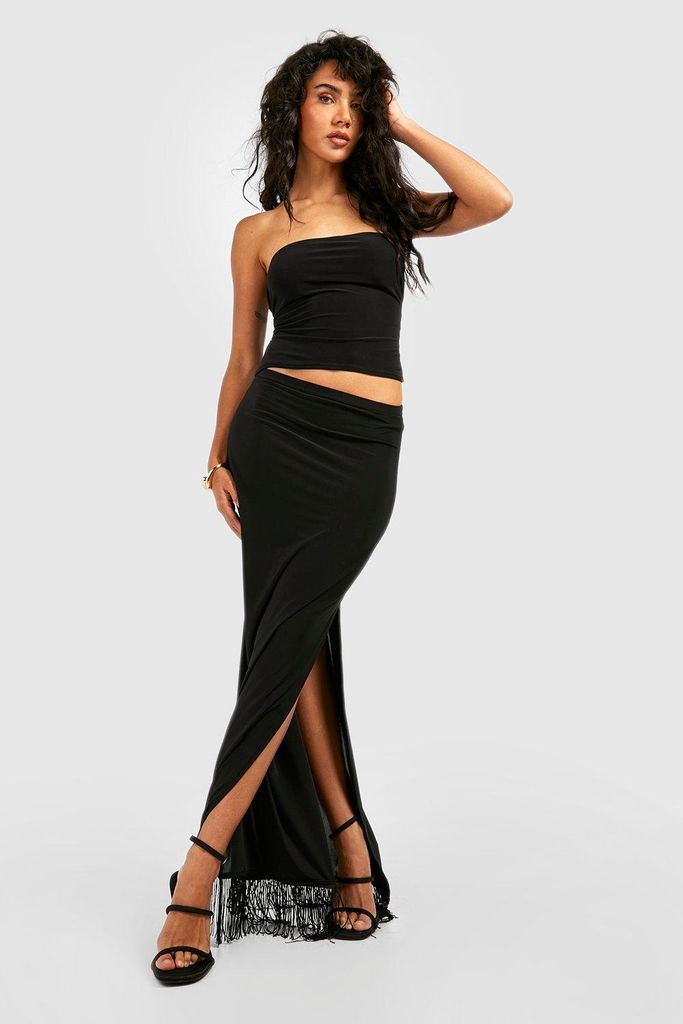 Womens Tassel Hem Slinky Maxi Skirt - Black - 6, Black
