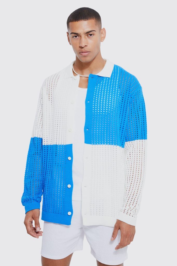 Men's Oversized Checkerboard Crochet Shirt - Blue - S, Blue