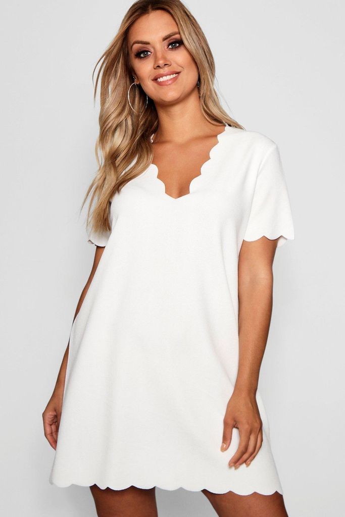 Womens Plus Scallop Edge V Neck Shift Dress - White - 24, White