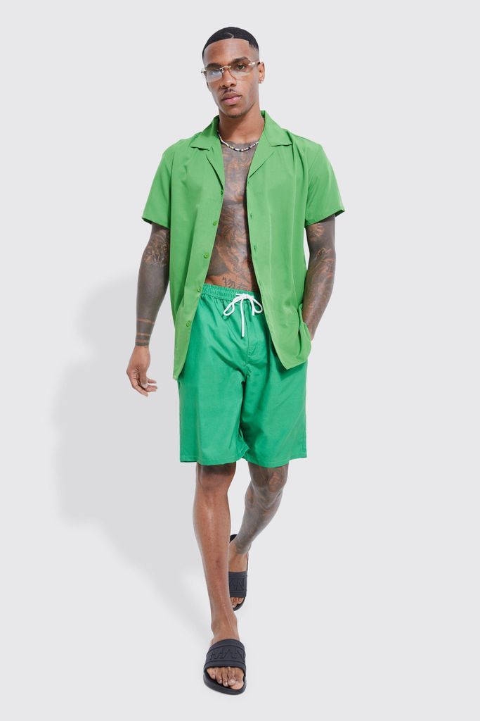 Men's Short Sleeve Revere Plain Shirt & Short Swim Set - Green - S, Green