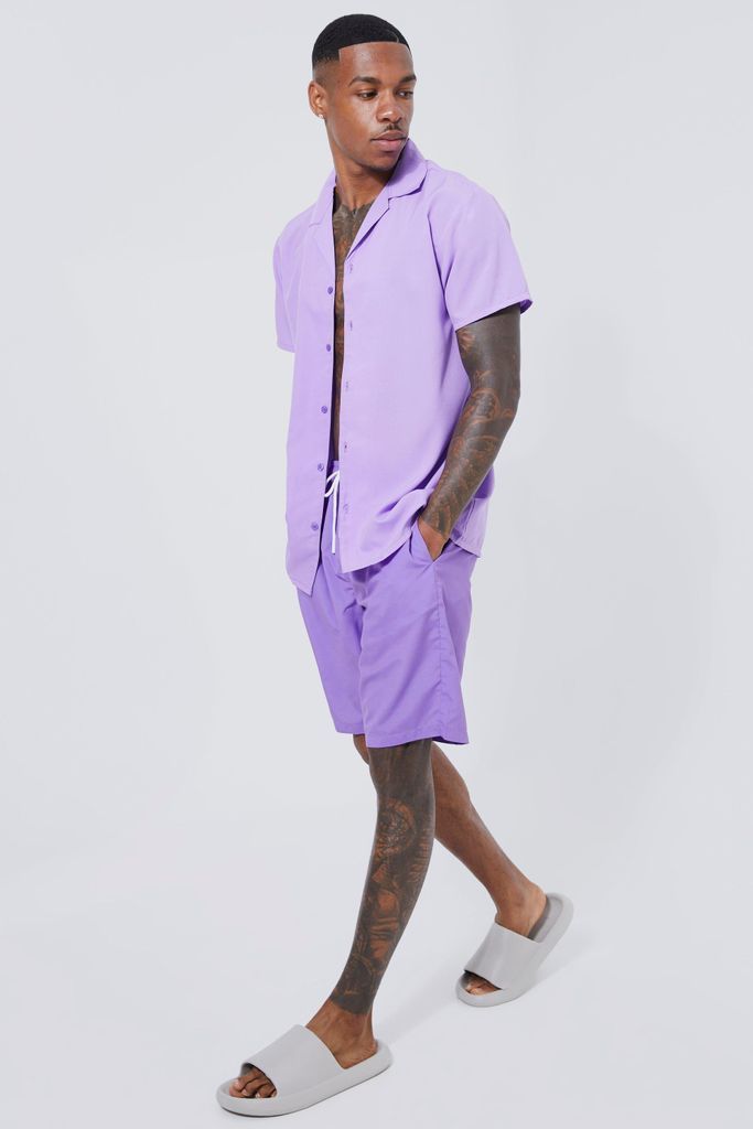 Men's Short Sleeve Revere Plain Shirt & Short Swim Set - Purple - S, Purple