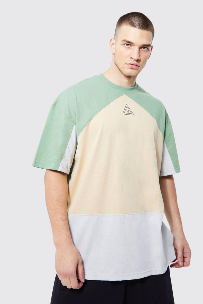 Men's Tall Oversized Branded Colour Block T-Shirt - Green - S, Green