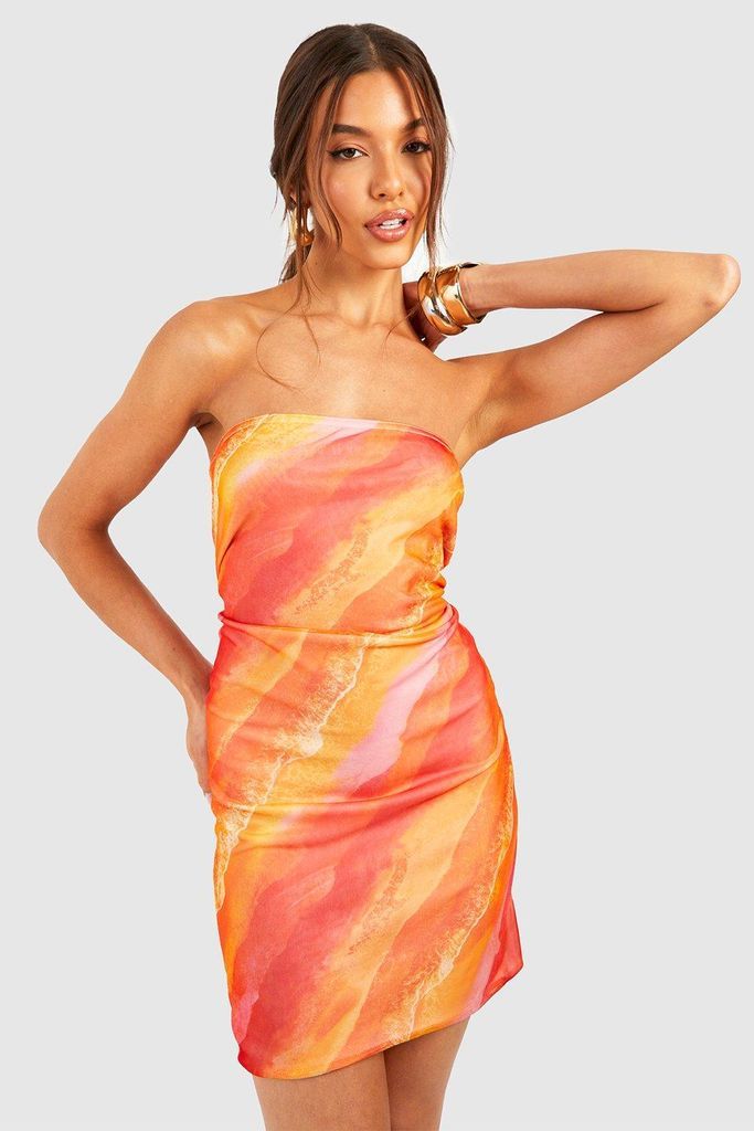 Womens Abstract Mesh Bandeau Mini Dress - Orange - 8, Orange
