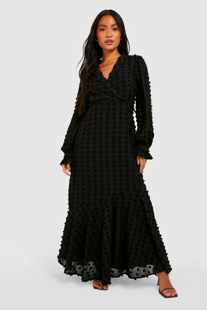 Womens Petite Dobby Textured Wrap Maxi Dress - Black - 8, Black