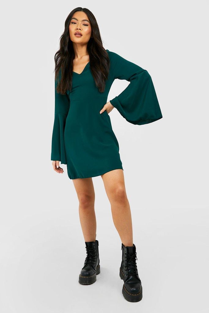 Womens Extreme Frill Sleeve Satin Smock Dress - Green - 8, Green