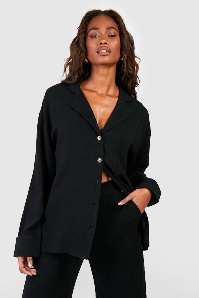 Womens Linen Mix Relaxed Fit Long Sleeve Shirt - Black - 8, Black