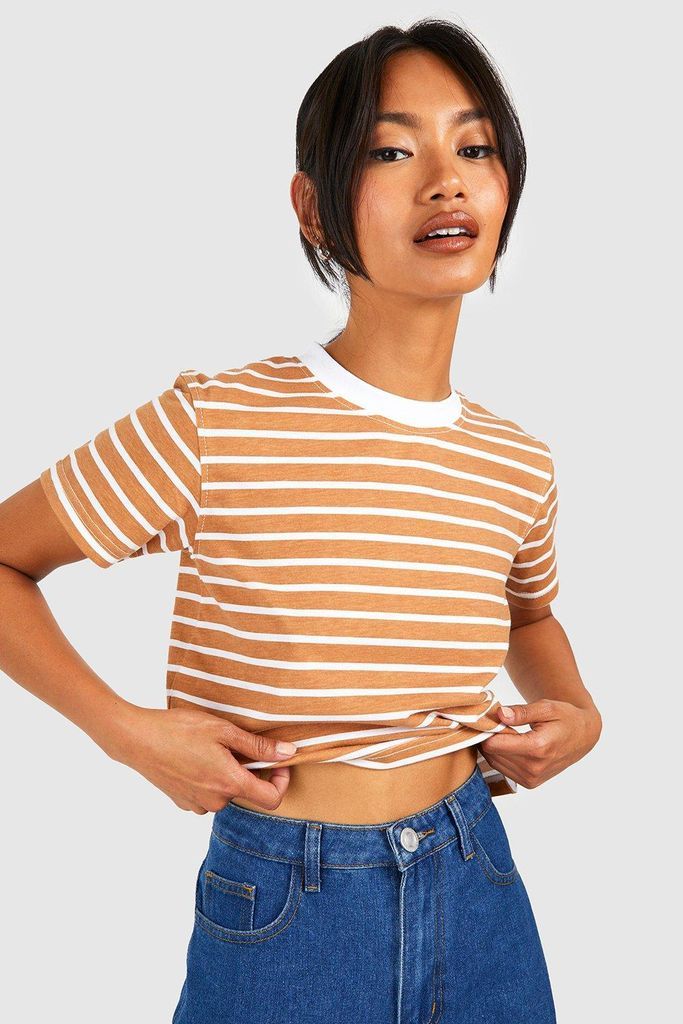 Womens Boxy Stripe Cropped T-Shirt - Beige - 6, Beige