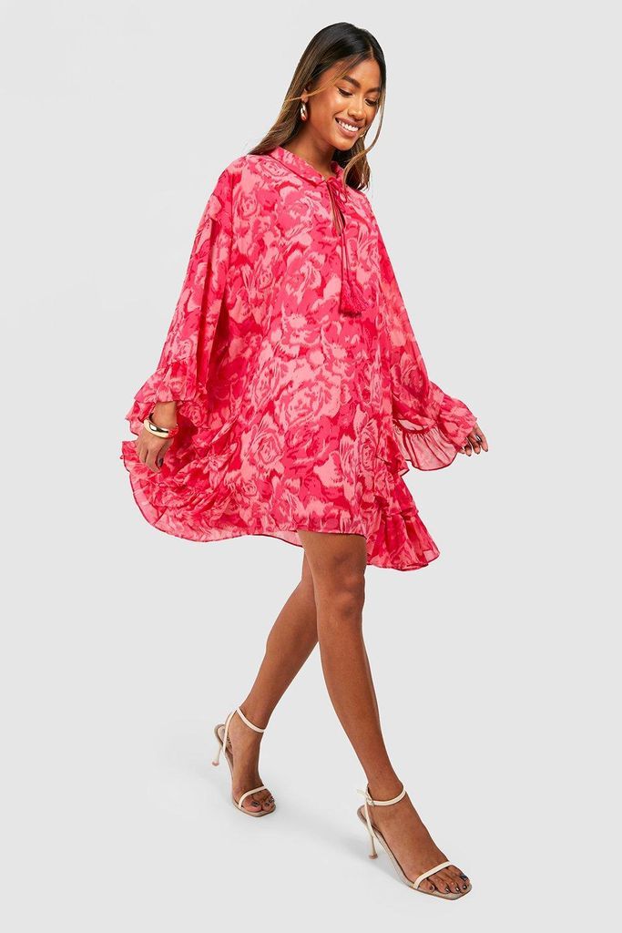 Womens Chiffon Printed Ruffle Smock Dress - Pink - 8, Pink