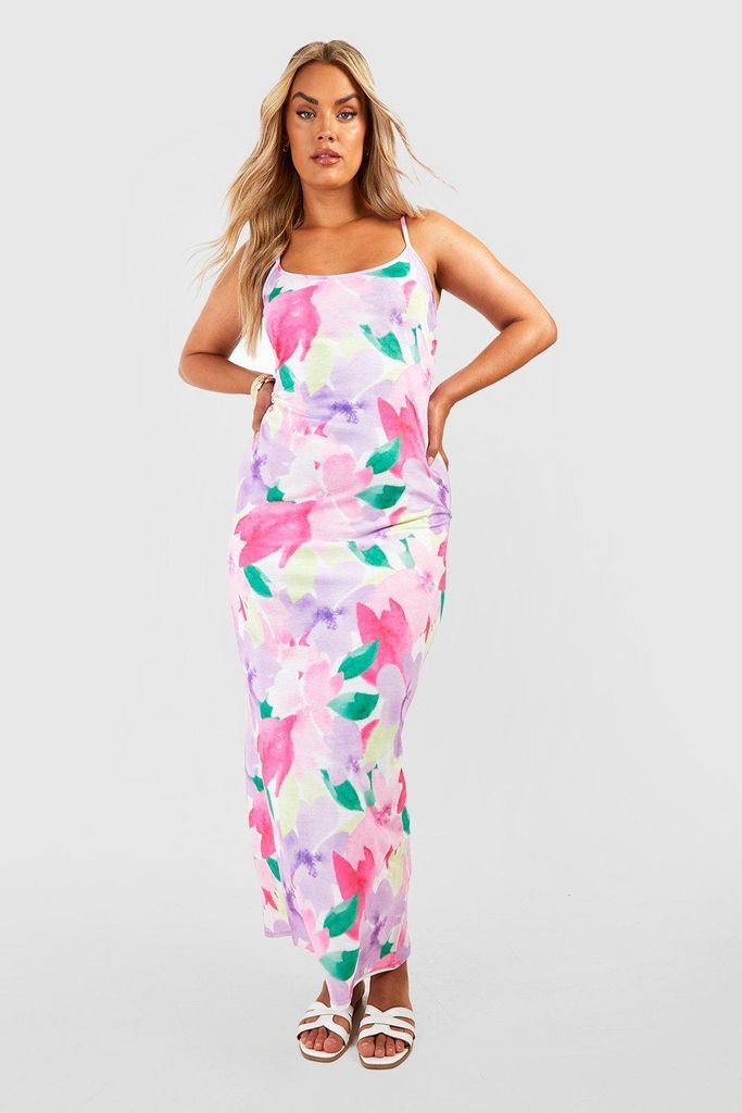 Womens Plus Floral Strappy Scoop Neck Maxi Dress - Pink - 16, Pink