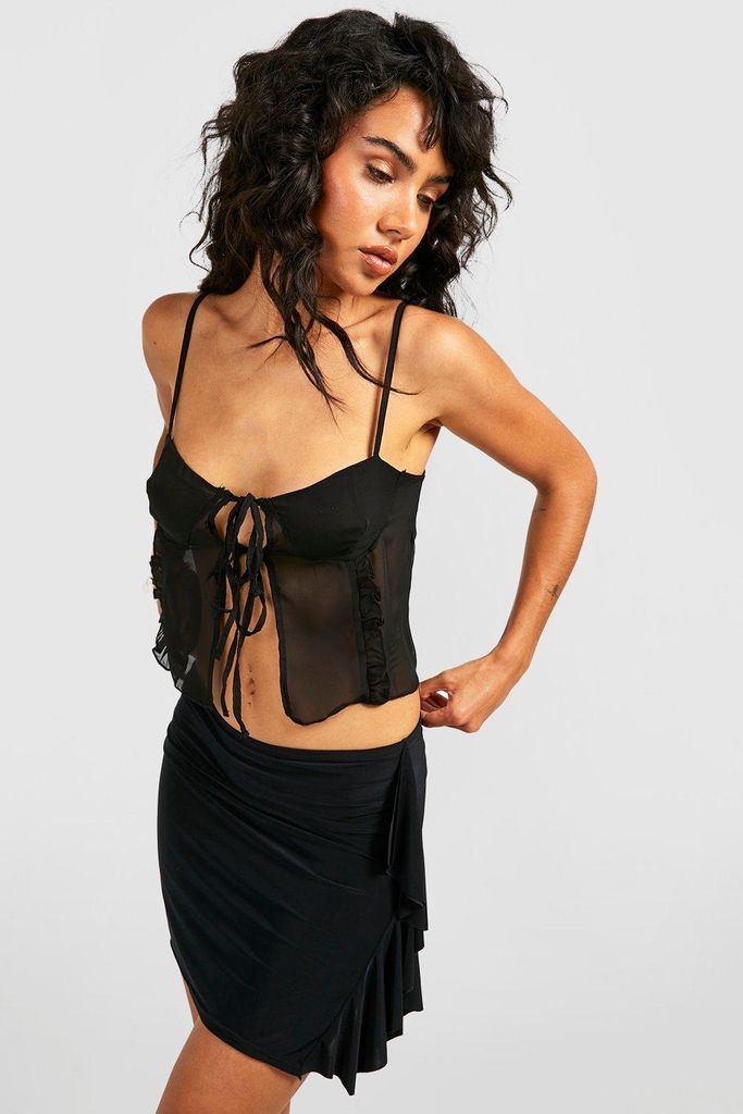 Womens Ruffle Edge Low Rise Slinky Mini Skirt - Black - 10, Black
