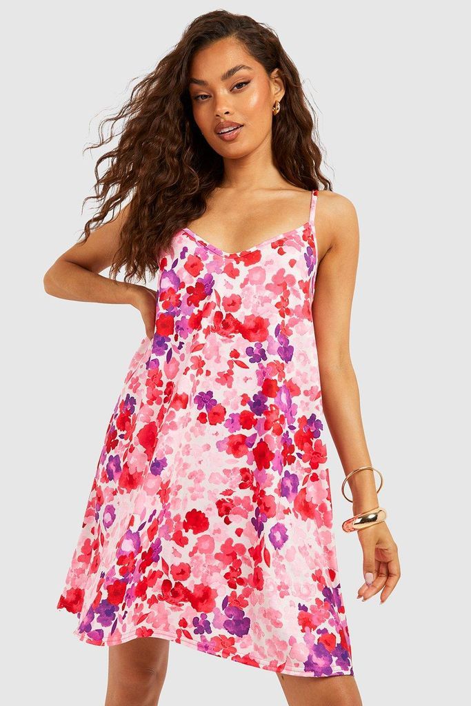 Womens Trapeze Strappy Floral Mini Dress - Pink - 8, Pink