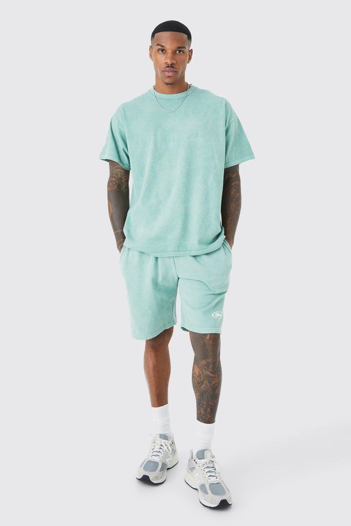 Men's Oversized Overdyed Puff Print T-Shirt Set - Green - S, Green
