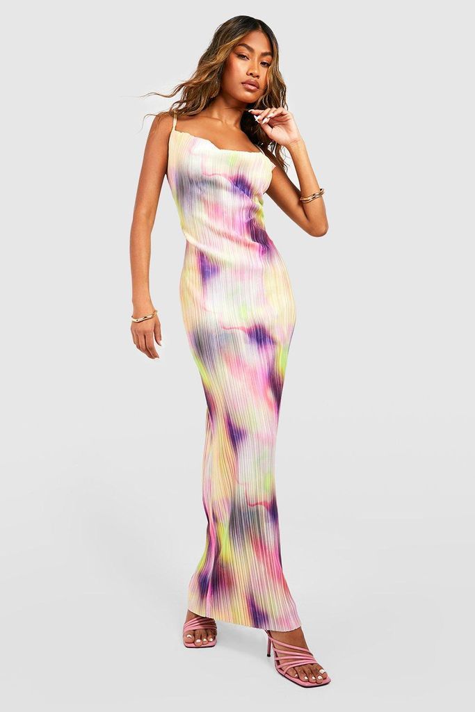 Womens Abstract Printed Plisse Maxi Dress - Purple - 8, Purple