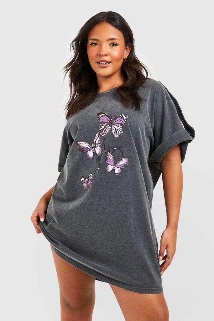 Womens Plus Butterfly Acid Wash T-Shirt Dress - Grey - 20, Grey