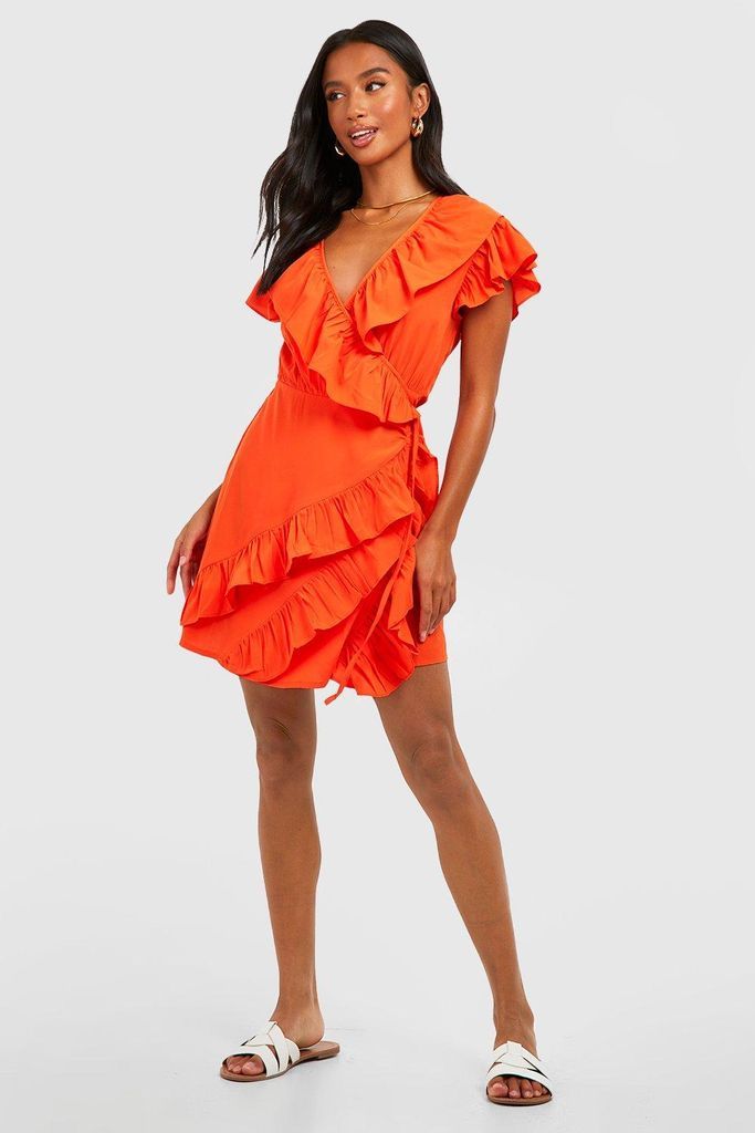 Womens Petite Ruffle Detail Wrap Dress - Orange - 4, Orange