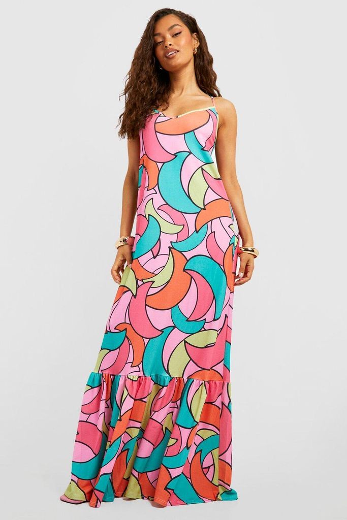 Womens Abstract Strappy Ruffle Hem Maxi Dress - Multi - 8, Multi